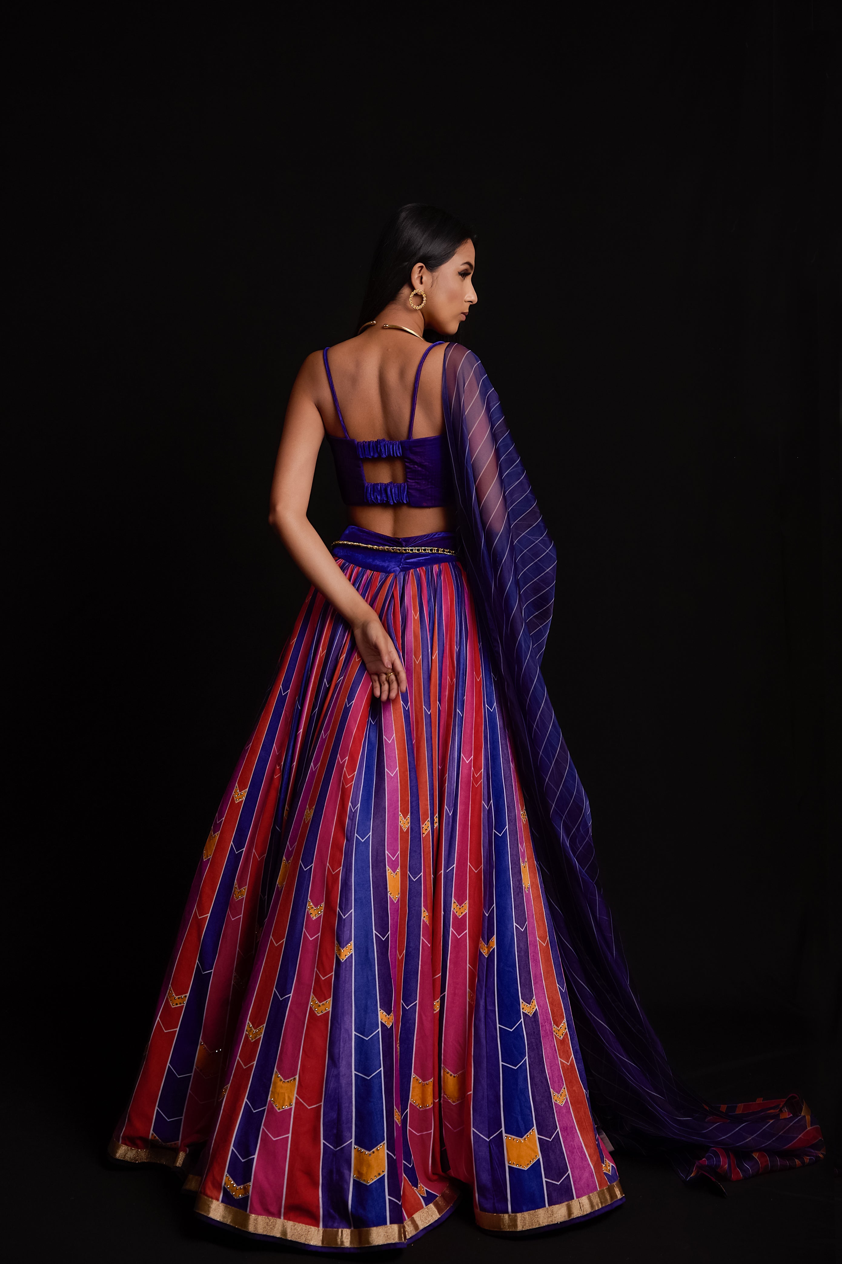 Multi colour stripe print velvet lehenga
