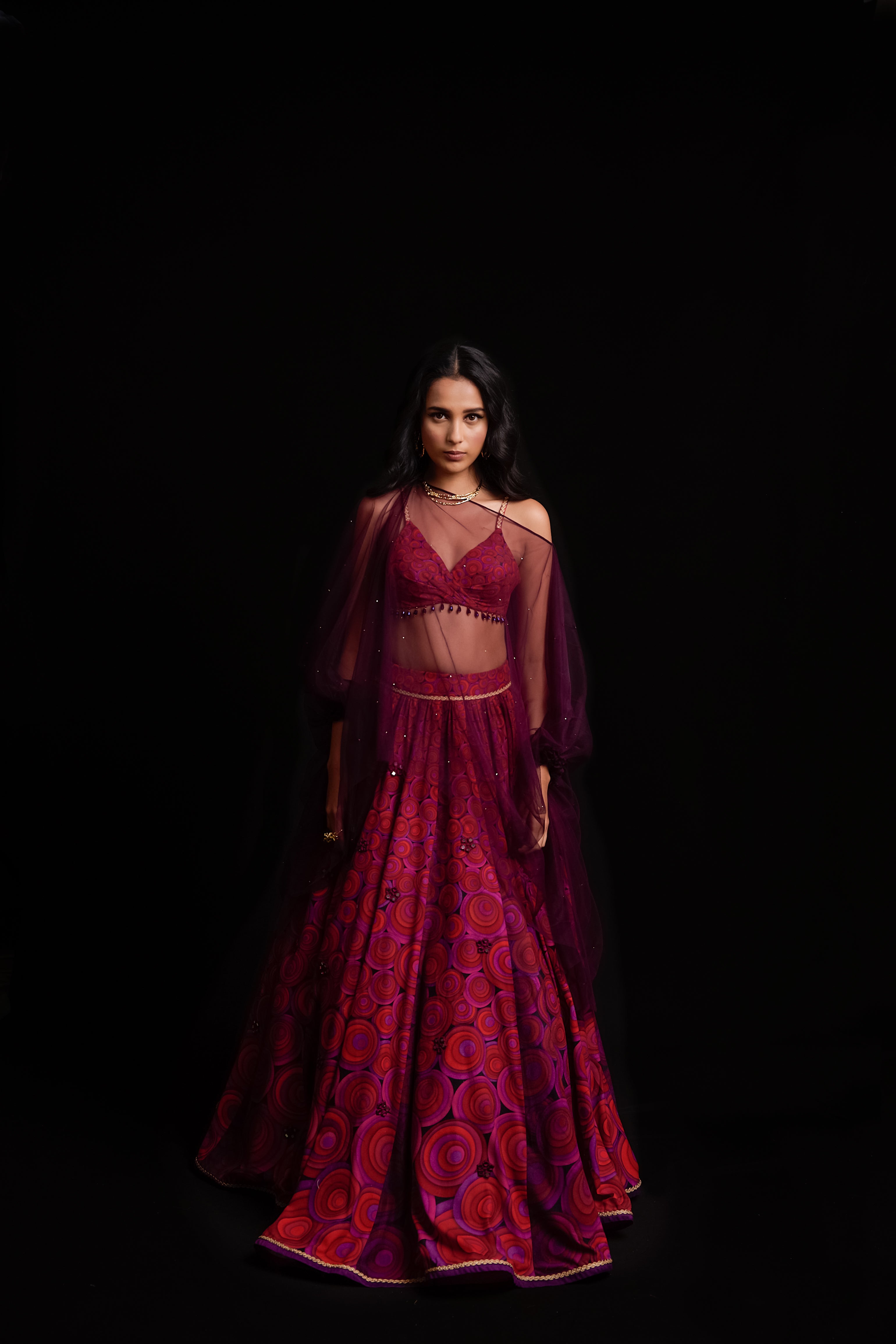 Multi colour orbit print velvet lehenga