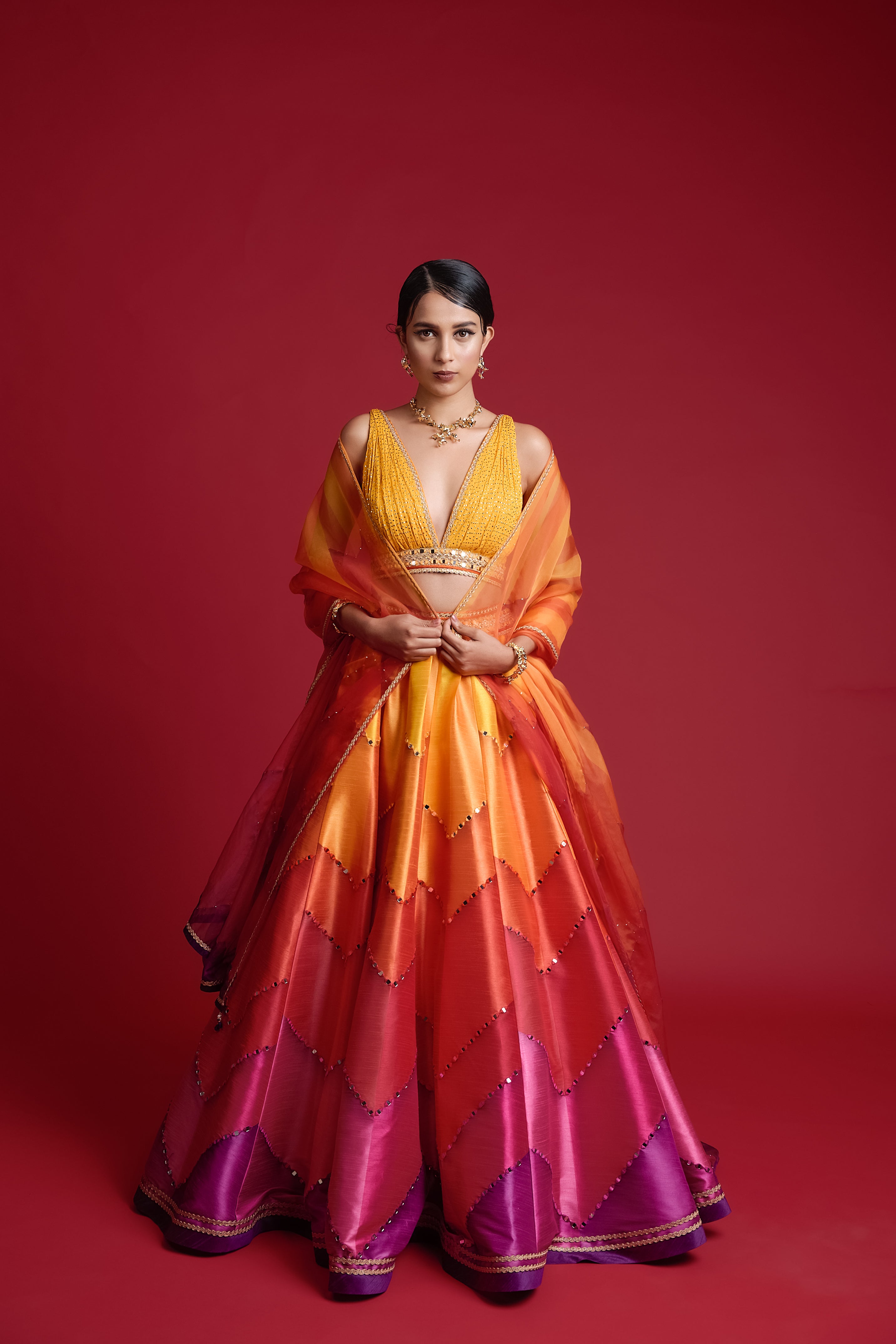 Multi coloured broken chevron dupion lehenga