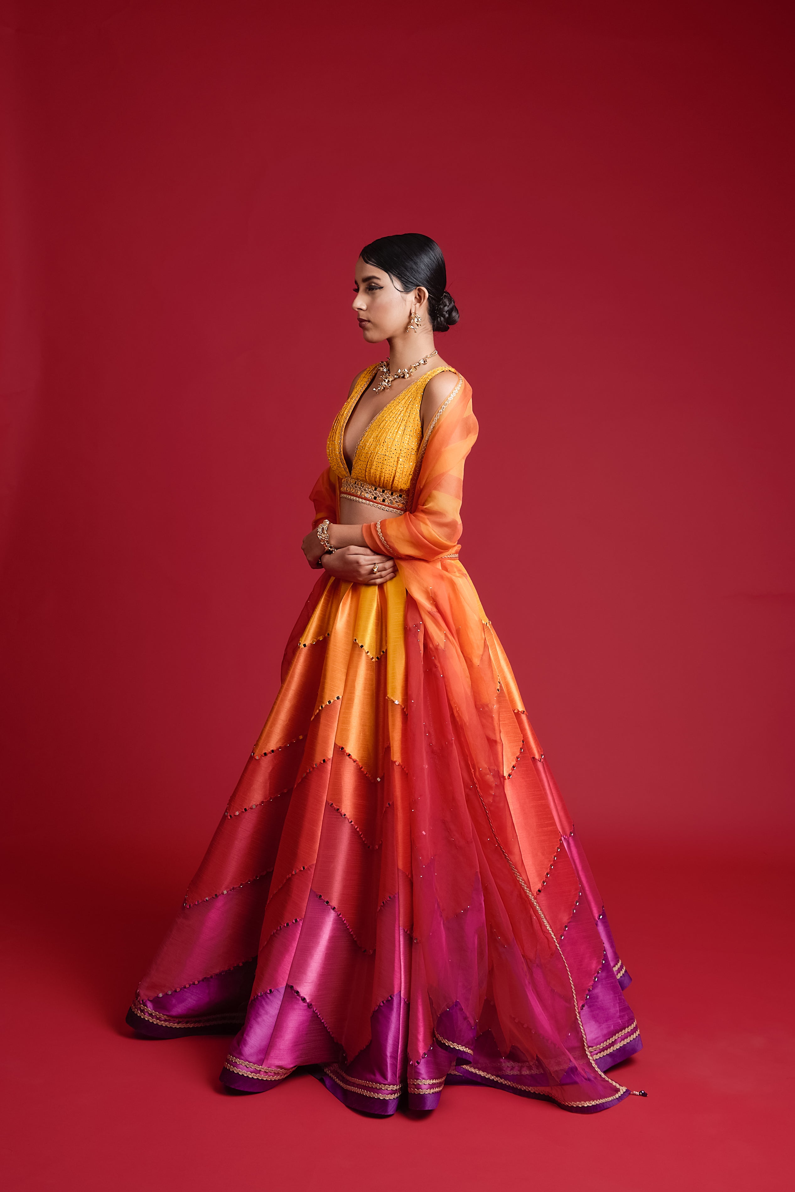 Multi coloured broken chevron dupion lehenga