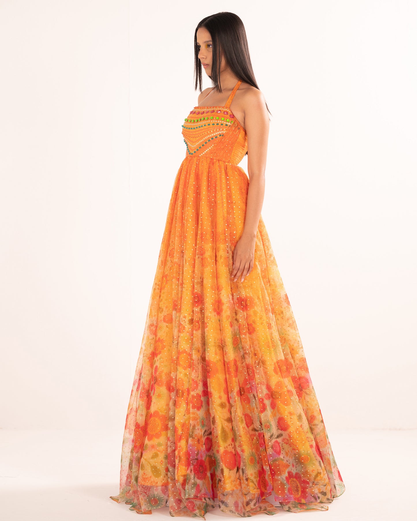 Floral impressions gown with embroidered bodice