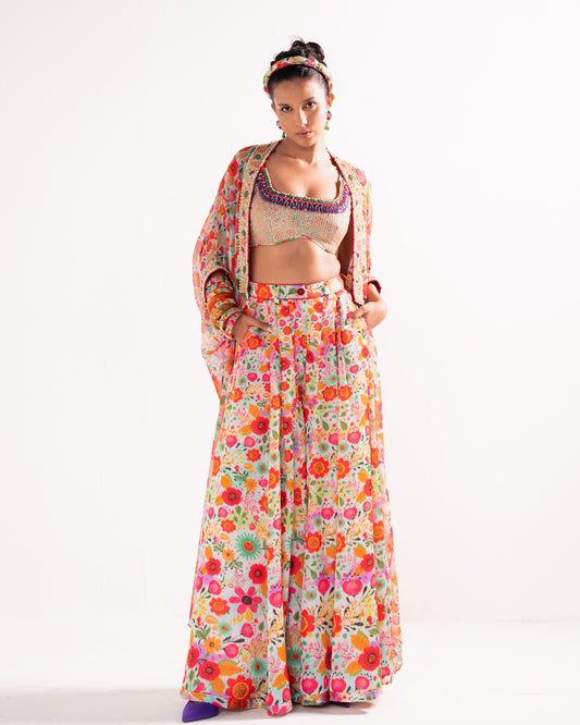 Multicolour floral print trouser kaftan set
