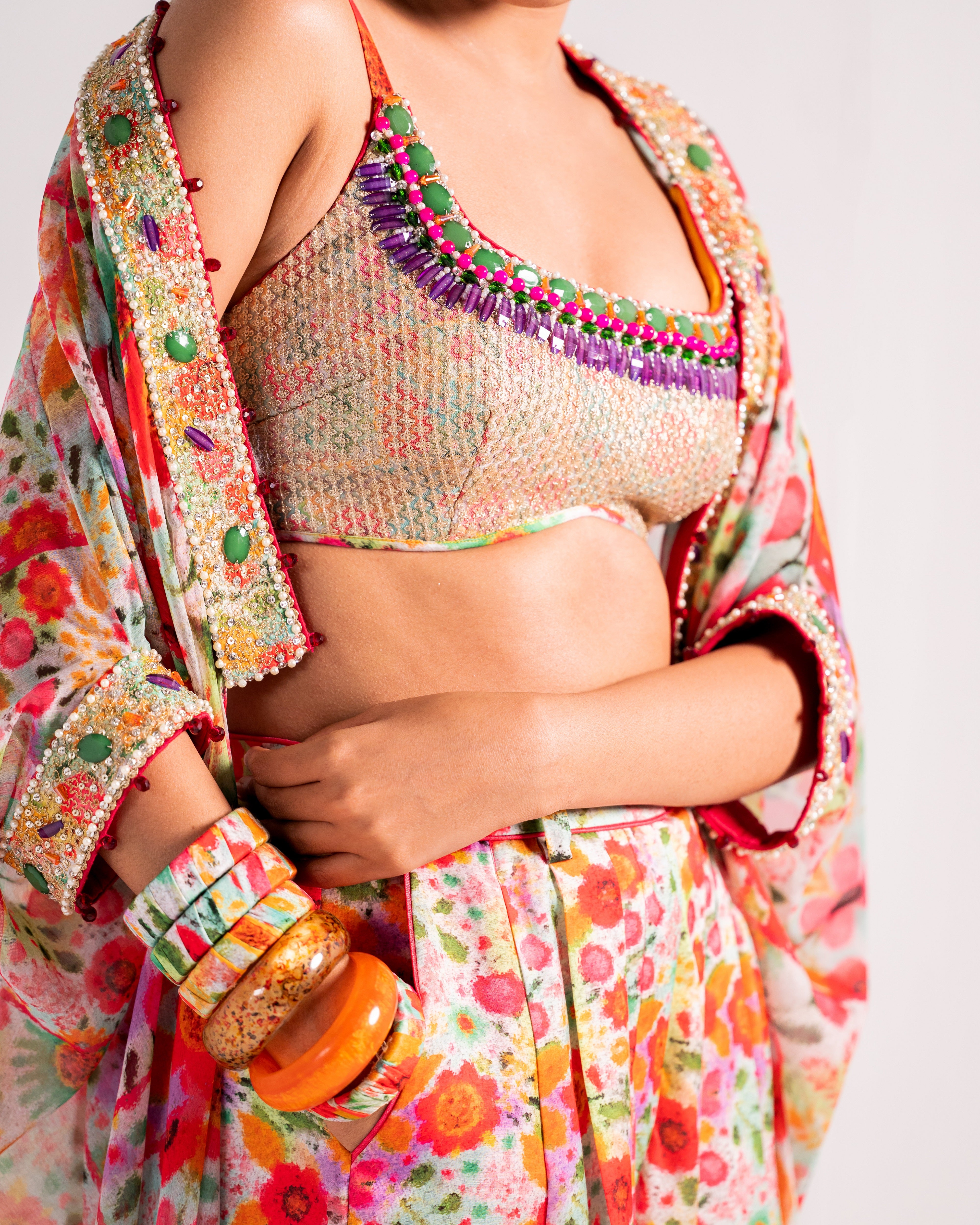 Multicolour floral print trouser kaftan set