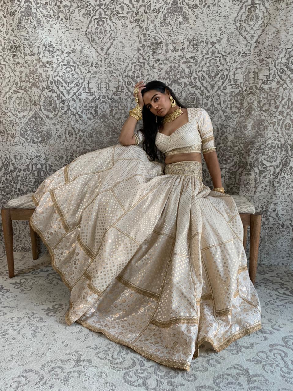 Beautiful Sugar White And Gold Embroidered Lehenga – Zari Banaras