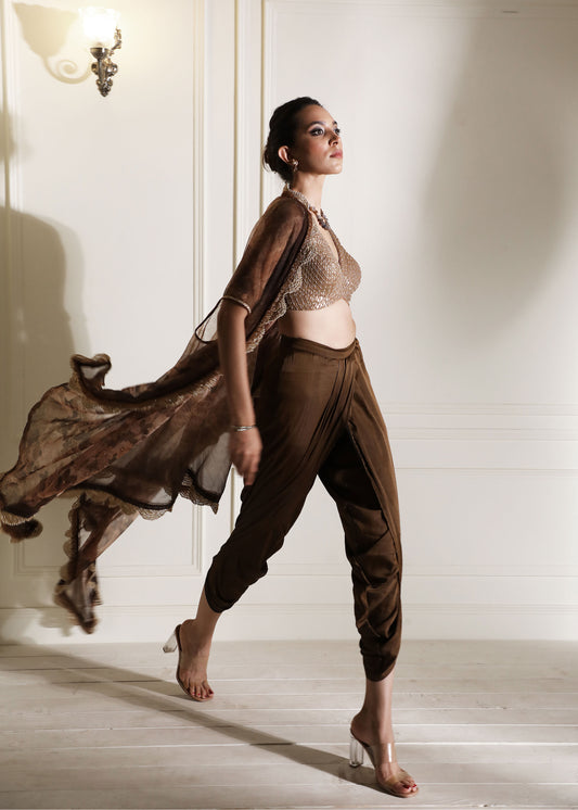 Brown dhoti pants with sequin blouse and organza cape