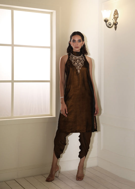 Brown velvet kurta with dhoti pants and organza cape