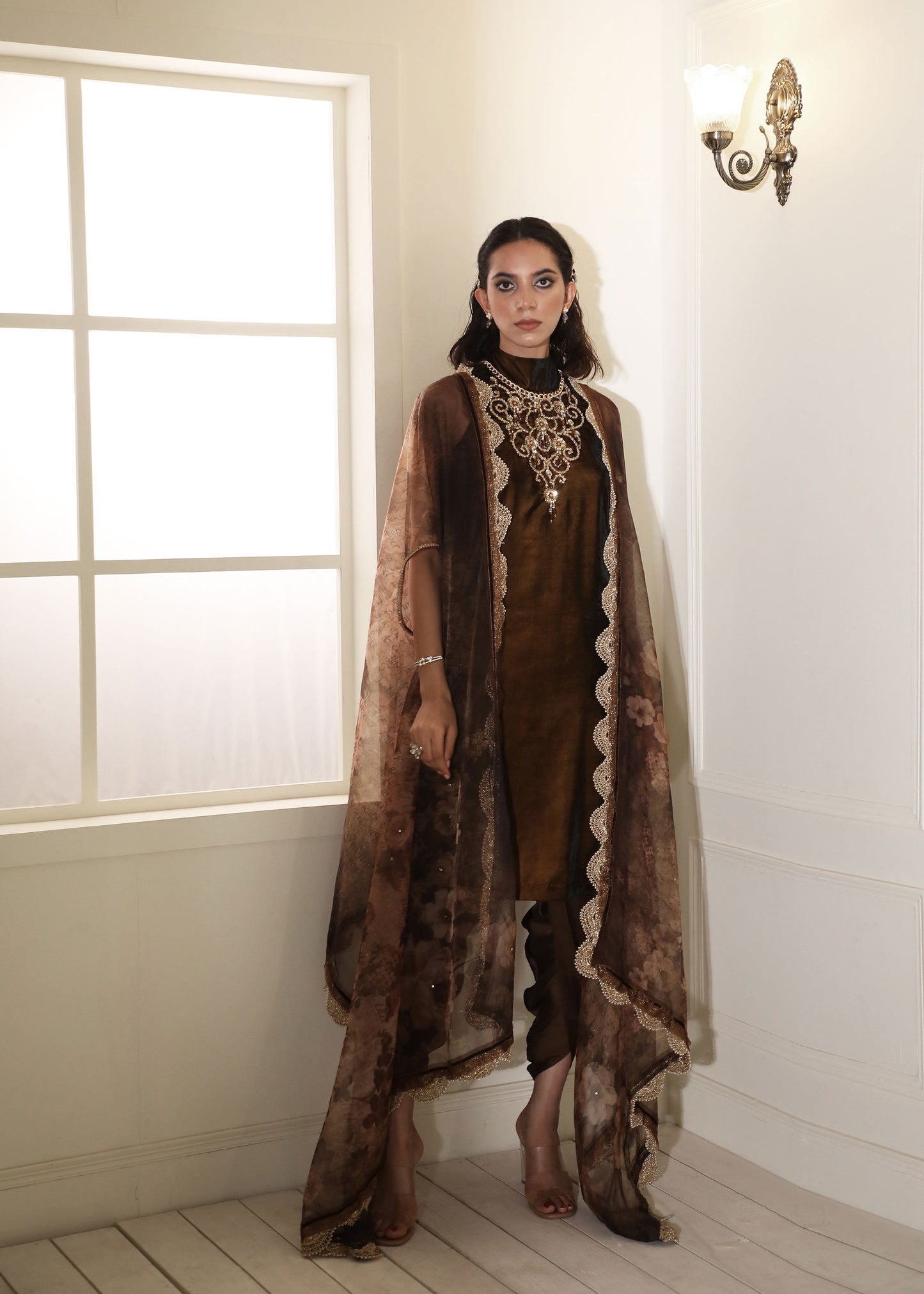 Brown velvet kurta with dhoti pants and organza cape