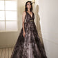 Floral and text print organza gown